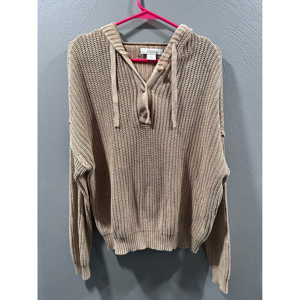 Natural Reflections Tan Cotton Shaker Stitch Henley Hooded Sweater Medium